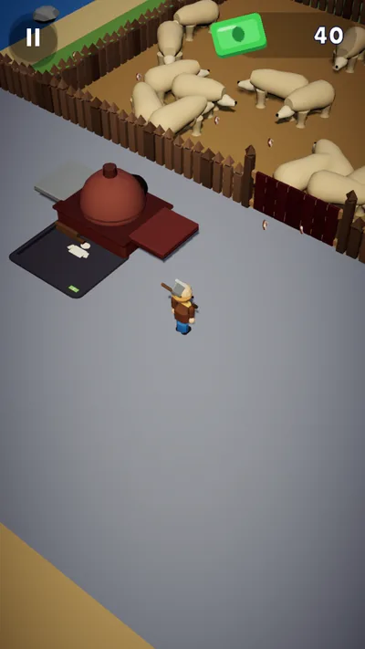 Bear Market: a fenced pen crowded with bears, a domed grill and a man with an axe on grey stone.