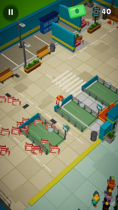 Checkout Crush: a supermarket from above, with green checkout lanes, shelves, a car park and shoppers at the door.