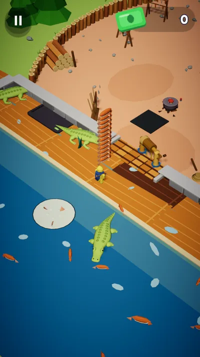 Croc Stock: a wooden dock over blue water, crocodiles on the planks and in the water among the fish.