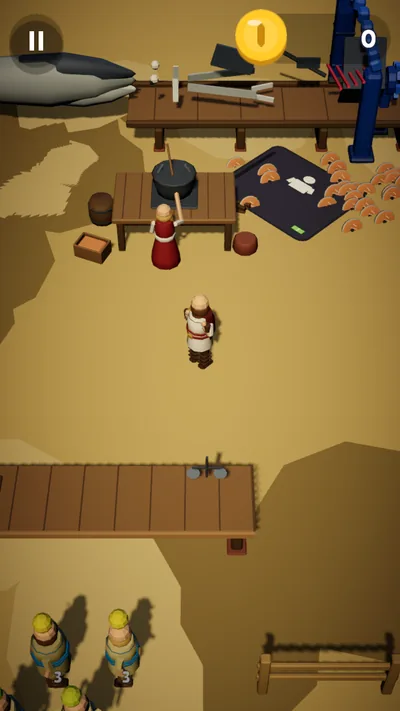 Fjord Feast: a harbour workbench with a whole fish laid out, a cook at a cauldron and a wooden pier.