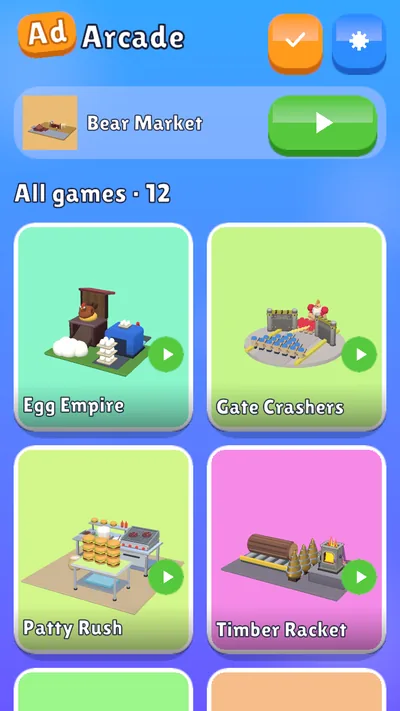 The Ad Arcade game menu on a phone: tiles for Egg Empire, Gate Crashers, Patty Rush and Timber Racket.