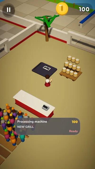Patty Rush: a burger counter with a pallet of buns, a pad to buy a new grill and a crowd of hungry customers.