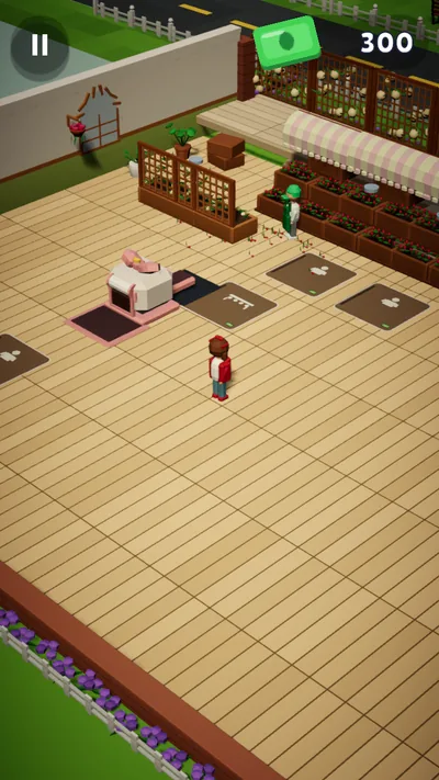 Petal Rush: a flower shop on wooden decking, with planters, a wrapping counter and pads for the next upgrades.