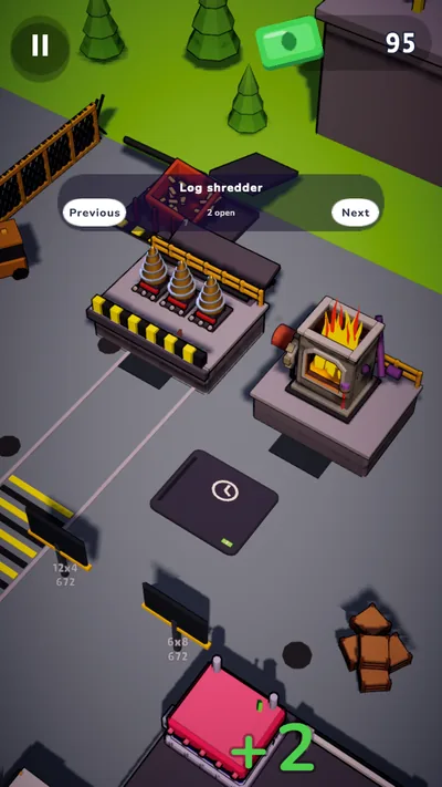 Timber Racket: a lumber mill of shredders and a furnace on grey concrete, with crates of logs and a pink stacker.