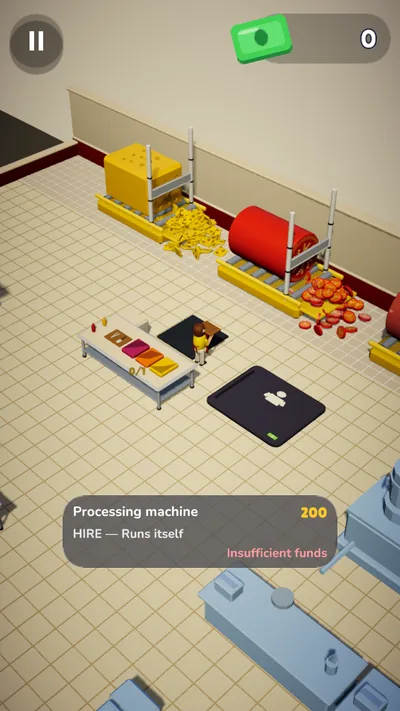 Triple Stack: a deli kitchen on white tiles with a giant cheese block, a red sausage slicer and a pad to hire help.