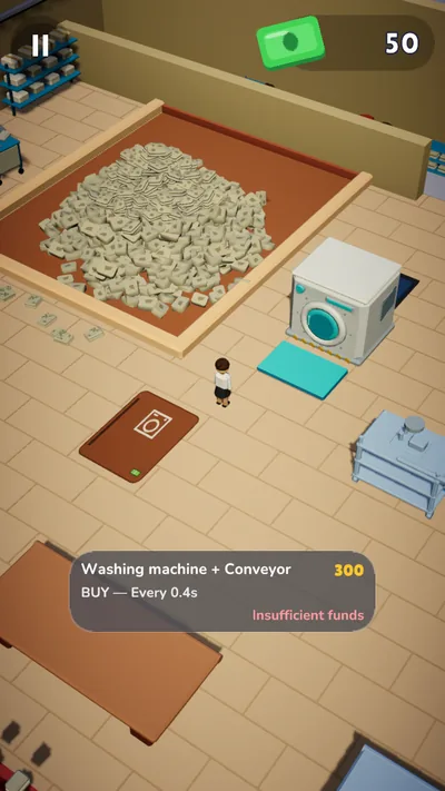 Turndown: a huge heap in a walled pen beside a washing machine, with a pad to buy the next machine.